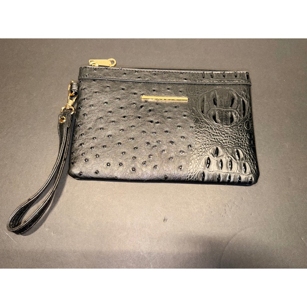 Dasein Black Ostrich Crocodile Embossed Faux Leather Wristlet Clutch Gold Tone